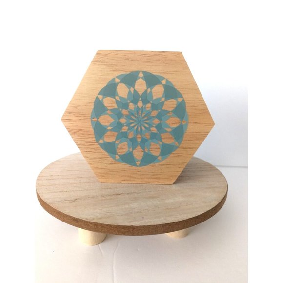BoConcept Wooden Box w Print Geo Mandala Design Dust Green Trinket Hexagon NIB - Picture 1 of 8